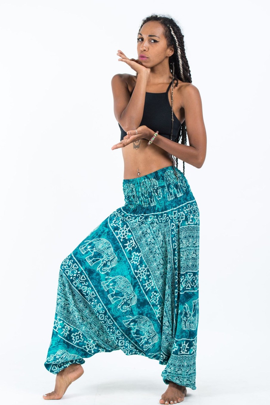 Women HaremPants | Marble Elephant 2-In-1 Jumpsuit Elephant Pants In Turquoise