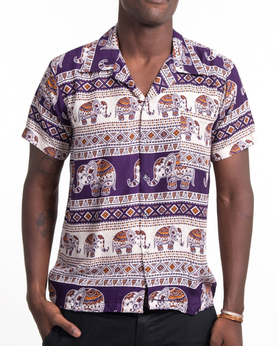 Men HaremPants | Tribal Elephant Short Sleeve Button Shirt In Purple