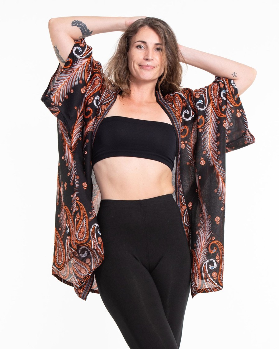 Women HaremPants | Paisley Feathers Kimono Cardigan In Black