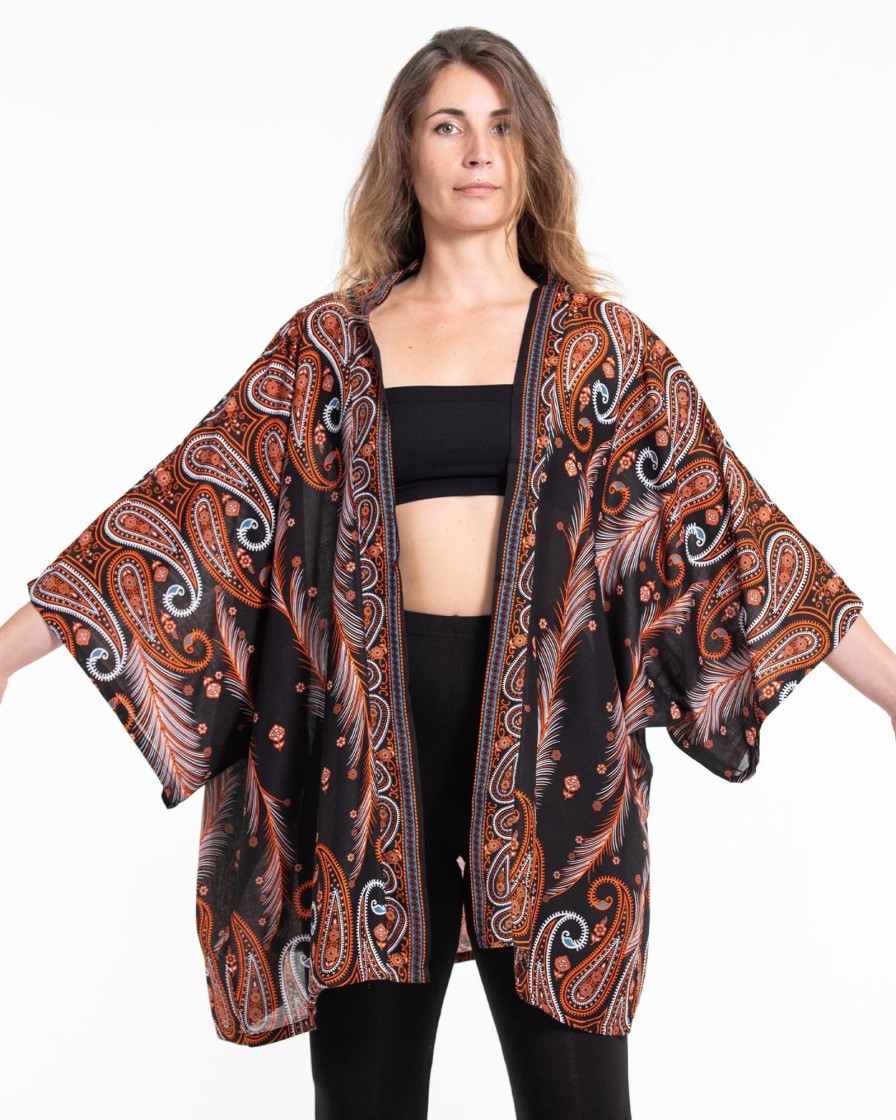 Women HaremPants | Paisley Feathers Kimono Cardigan In Black