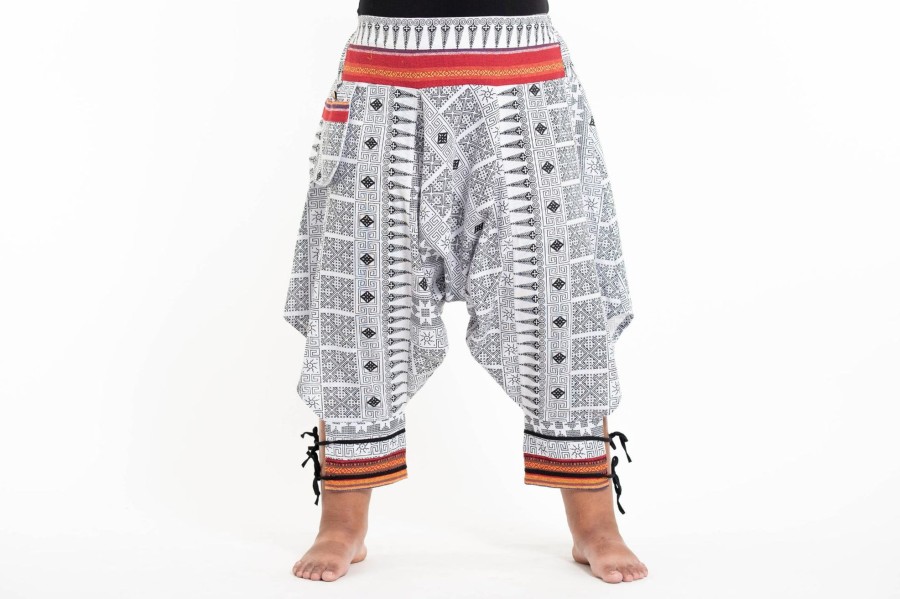 Men HaremPants | Plus Size Traditional Prints Thai Hill Tribe Fabric Men'S Harem Pants With Ankle Straps In White