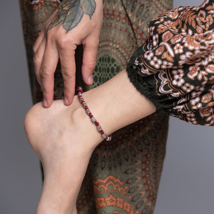 Accessories HaremPants | Hand Made Fair Trade Anklet Waxed Cotton Silver Beads Maroon