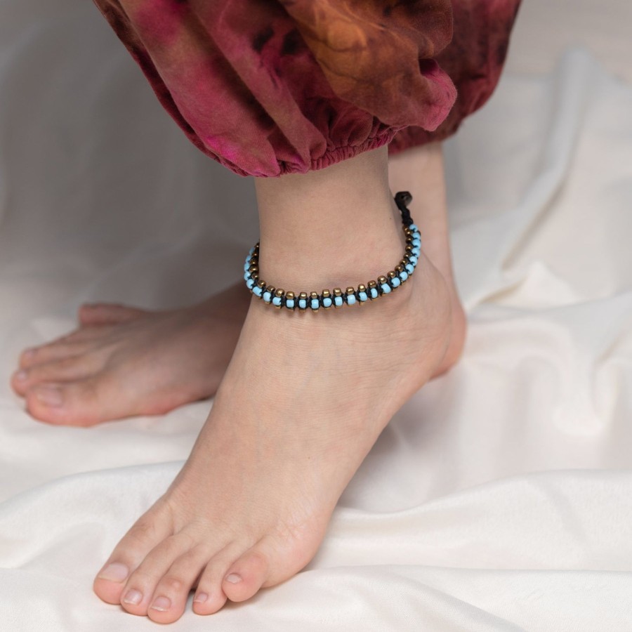 Accessories HaremPants | Hand Made Fair Trade Anklet Double Strand Brass Beads Blue