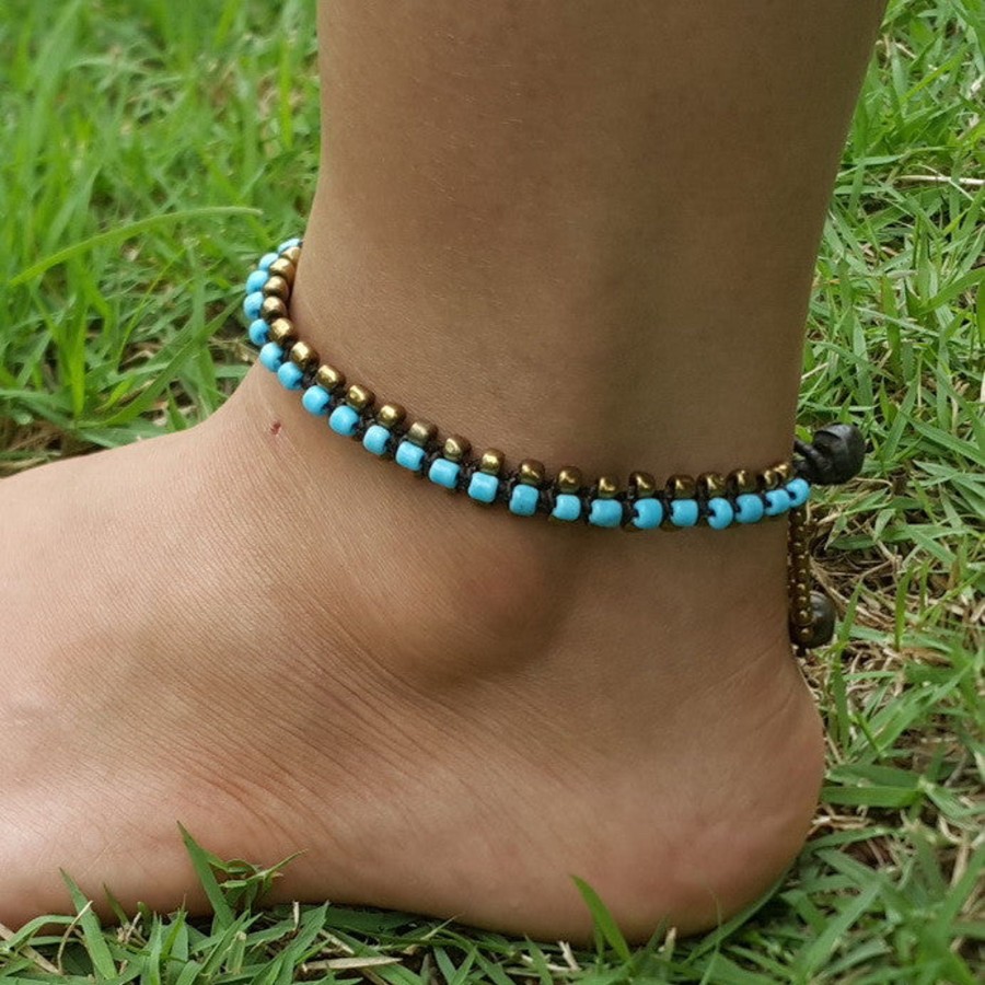 Accessories HaremPants | Hand Made Fair Trade Anklet Double Strand Brass Beads Blue