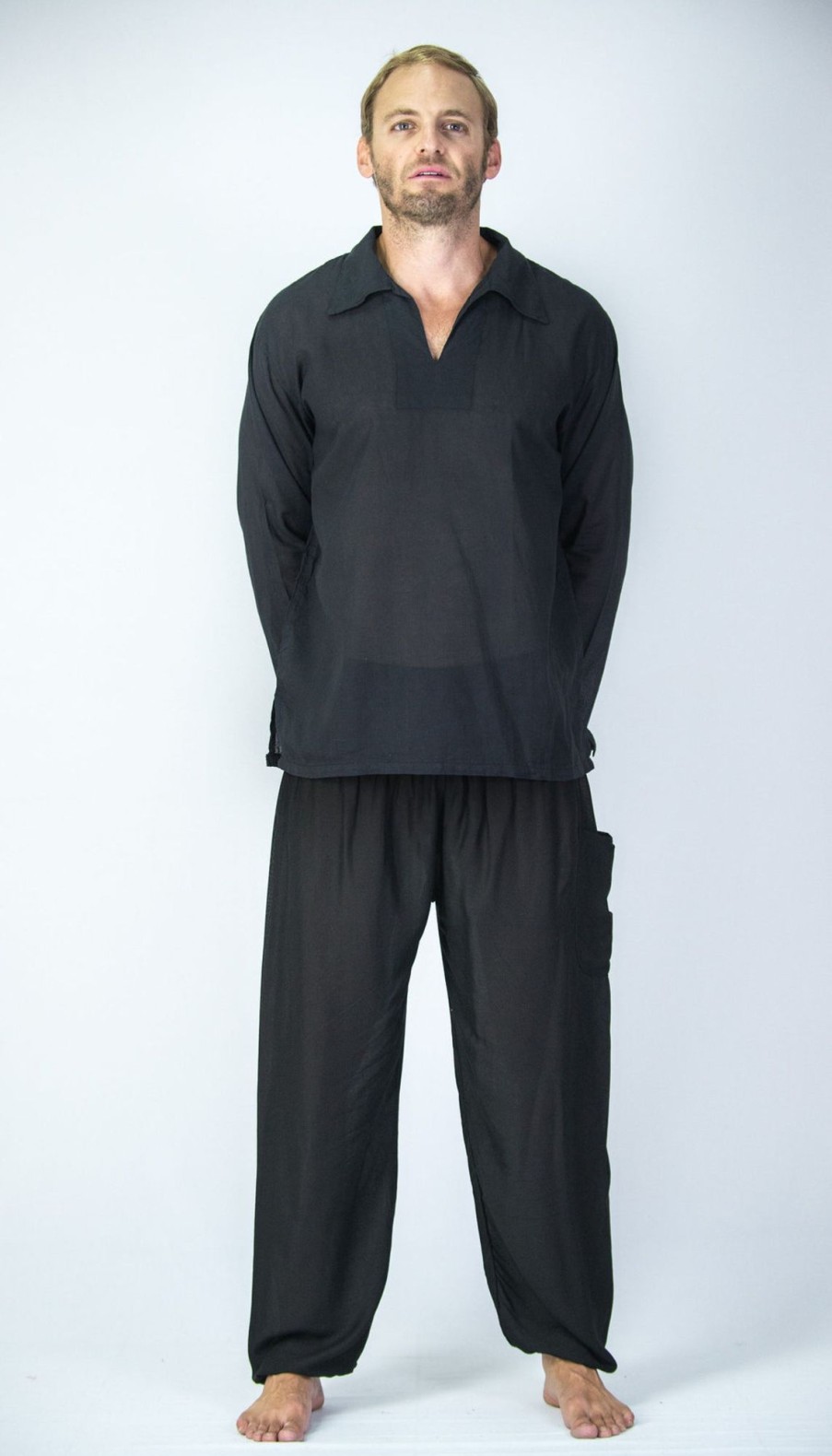 Men HaremPants | Mens Yoga Shirts Collar V Neck In Black