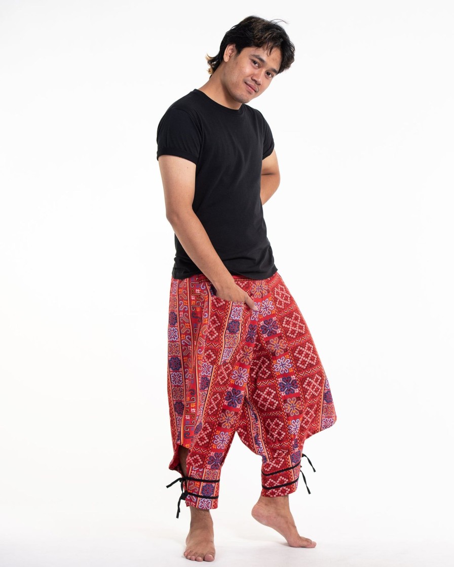 Men HaremPants | Clovers Thai Hill Tribe Fabric Men'S Harem Pants With Ankle Straps In Bright Red