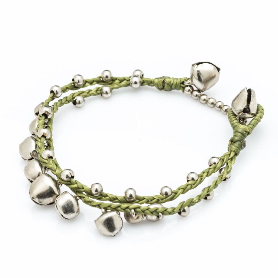 Accessories HaremPants | Silver Color Bell Waxed Cotton Bracelets In Lime