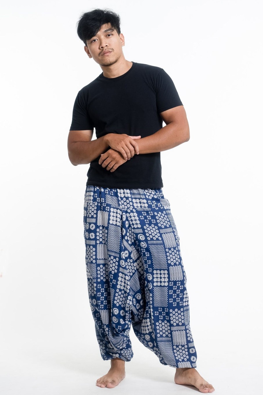 Men HaremPants | Patchwork Prints Men'S Low Cut Cotton Harem Pants In Indigo