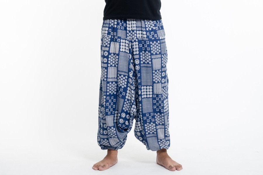 Men HaremPants | Patchwork Prints Men'S Low Cut Cotton Harem Pants In Indigo