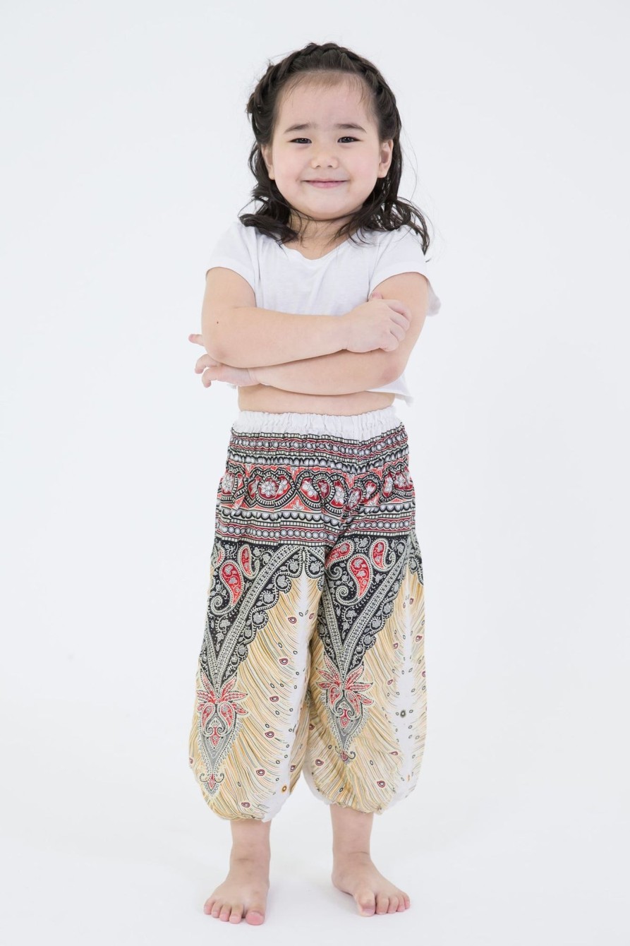 Kids HaremPants | Peacock Feathers Kids Harem Pants In White