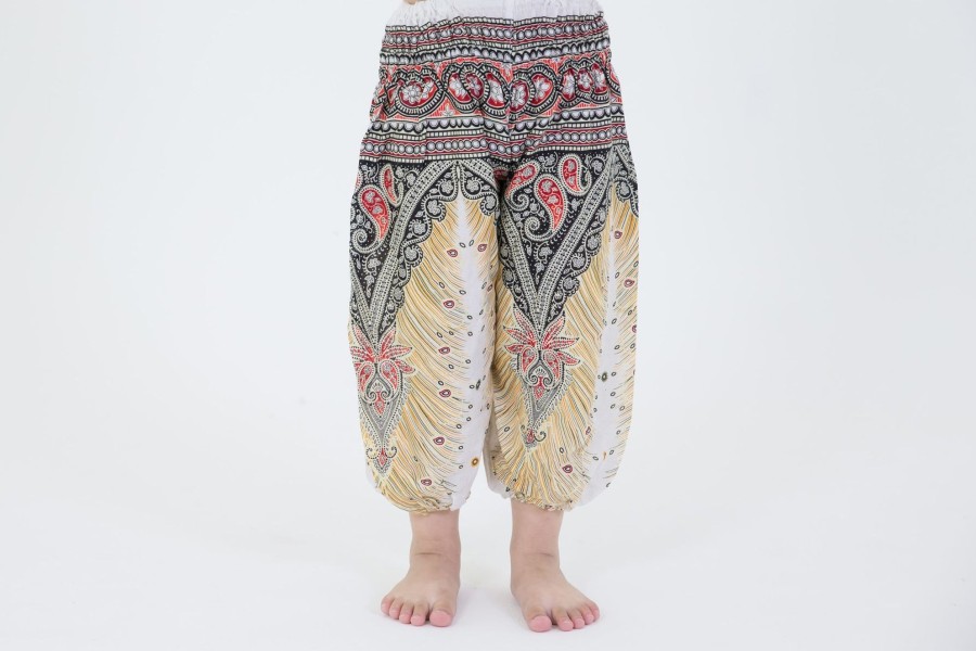 Kids HaremPants | Peacock Feathers Kids Harem Pants In White