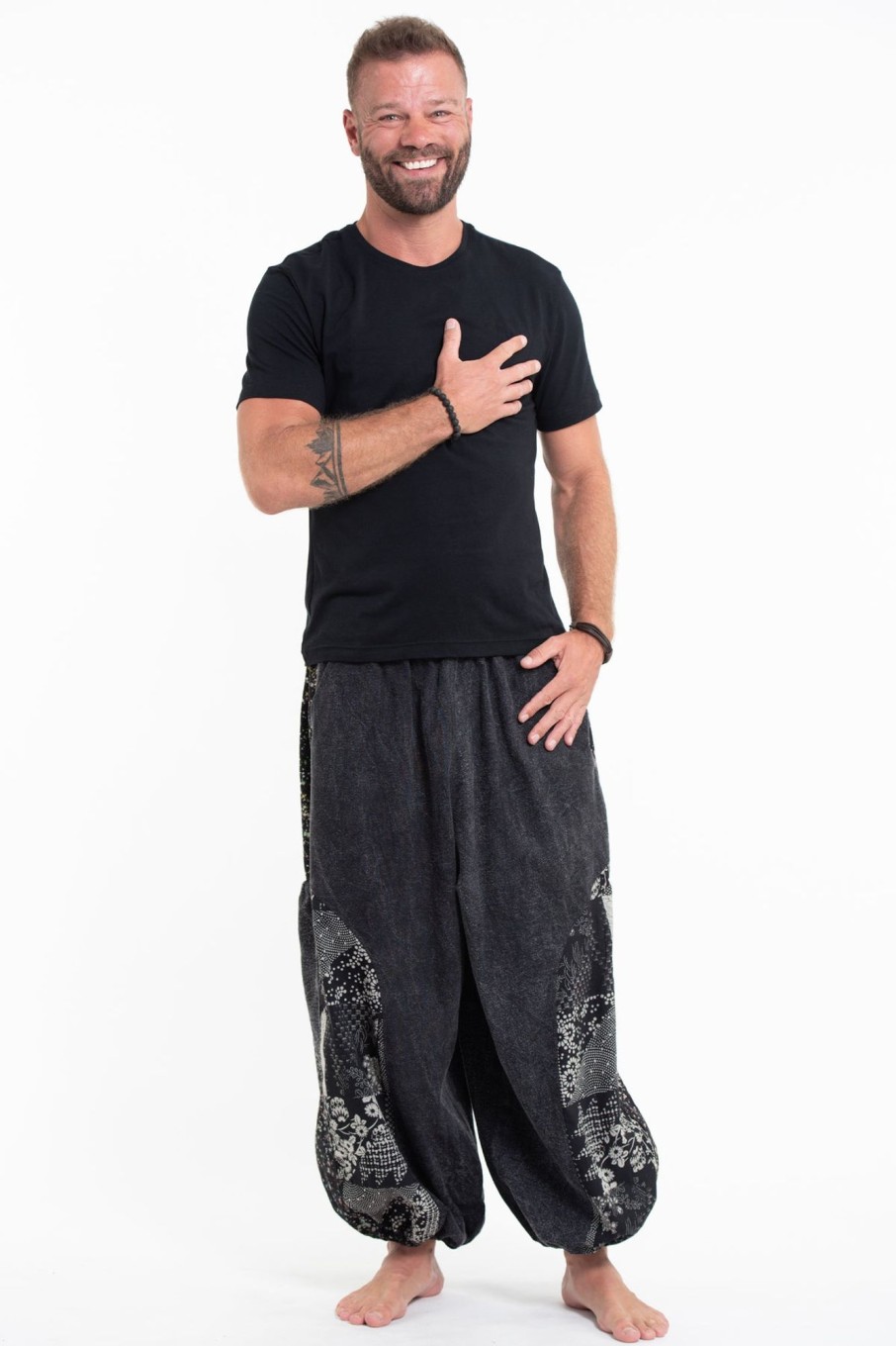 Plus Size HaremPants | Stone Washed Patchwork Men Unisex Pants In Black