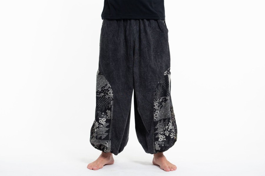 Plus Size HaremPants | Stone Washed Patchwork Men Unisex Pants In Black