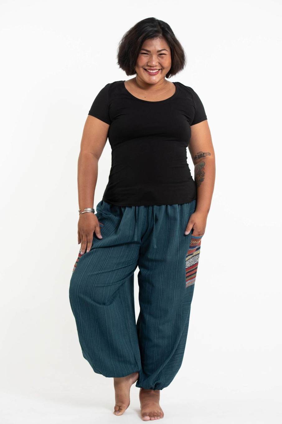 Women HaremPants | Plus Size Women'S Drawstring Pinstripes Cotton Pants With Aztec Pocket In Turquoise