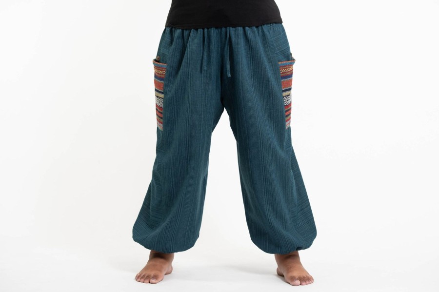 Women HaremPants | Plus Size Women'S Drawstring Pinstripes Cotton Pants With Aztec Pocket In Turquoise