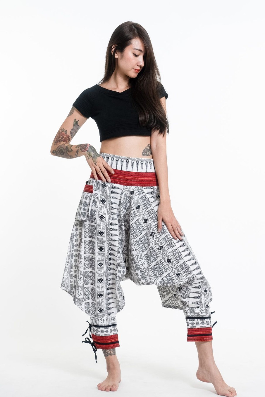 Women HaremPants | Traditional Prints Thai Hill Tribe Fabric Women'S Harem Pants With Ankle Straps In White