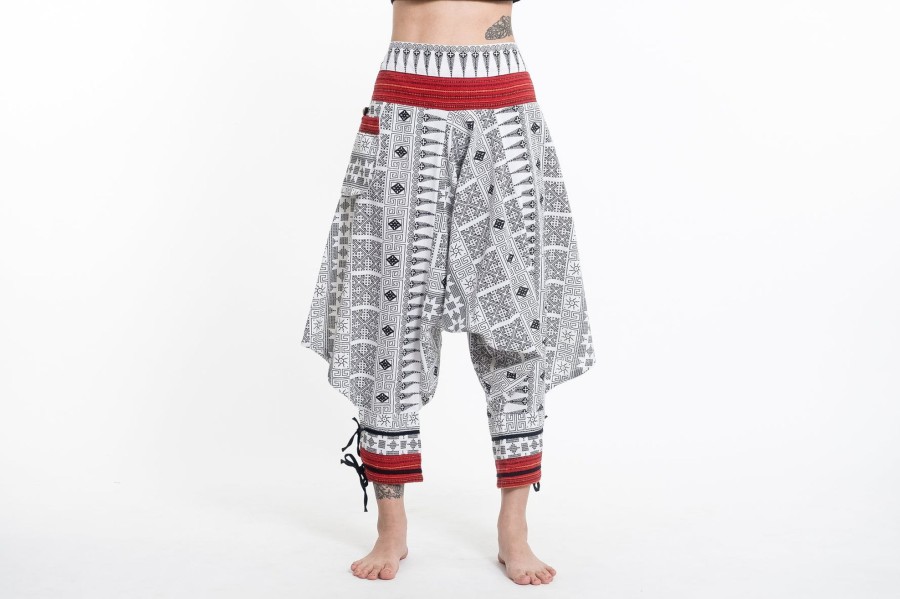 Women HaremPants | Traditional Prints Thai Hill Tribe Fabric Women'S Harem Pants With Ankle Straps In White