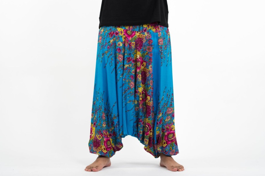 Plus Size HaremPants | Plus Size Floral Drop Crotch Men'S Harem Pants In Ocean Blue