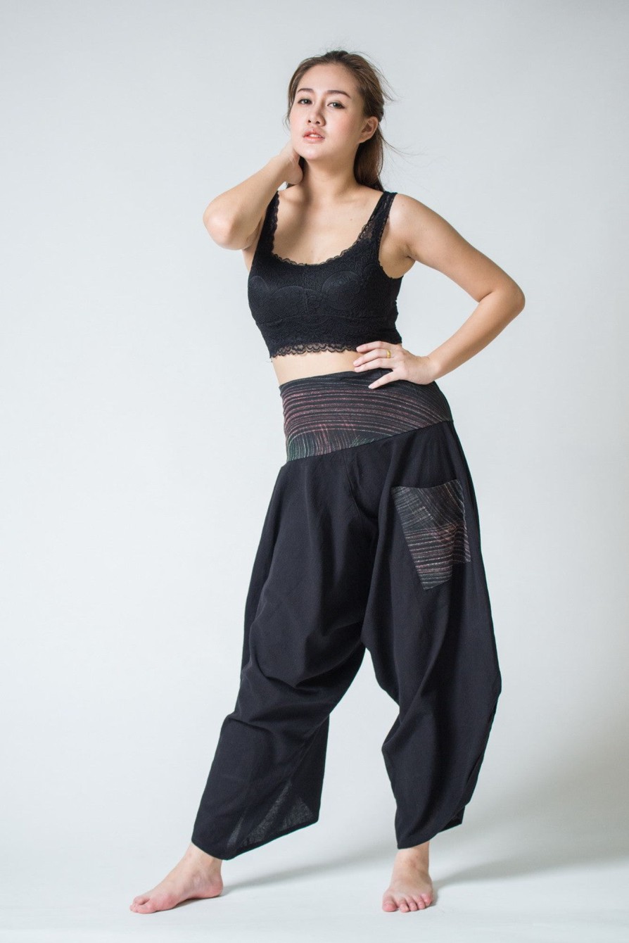 Women HaremPants | Women'S Thai Button Up Cotton Pants With Hill Tribe Trim Black