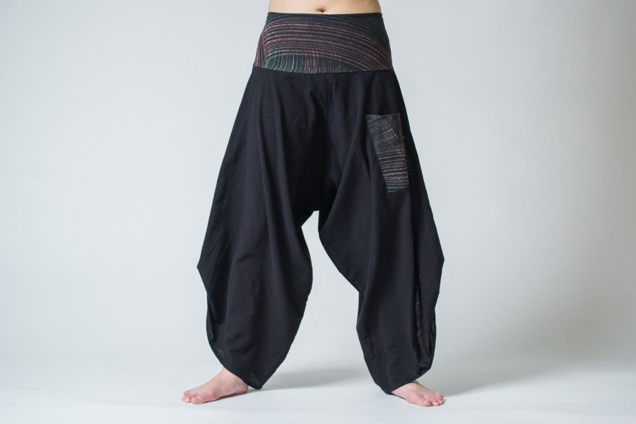 Women HaremPants | Women'S Thai Button Up Cotton Pants With Hill Tribe Trim Black