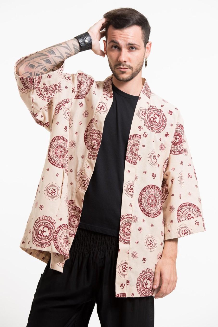 Women HaremPants | Ohm Print Cotton Kimono Cardigan In Cream