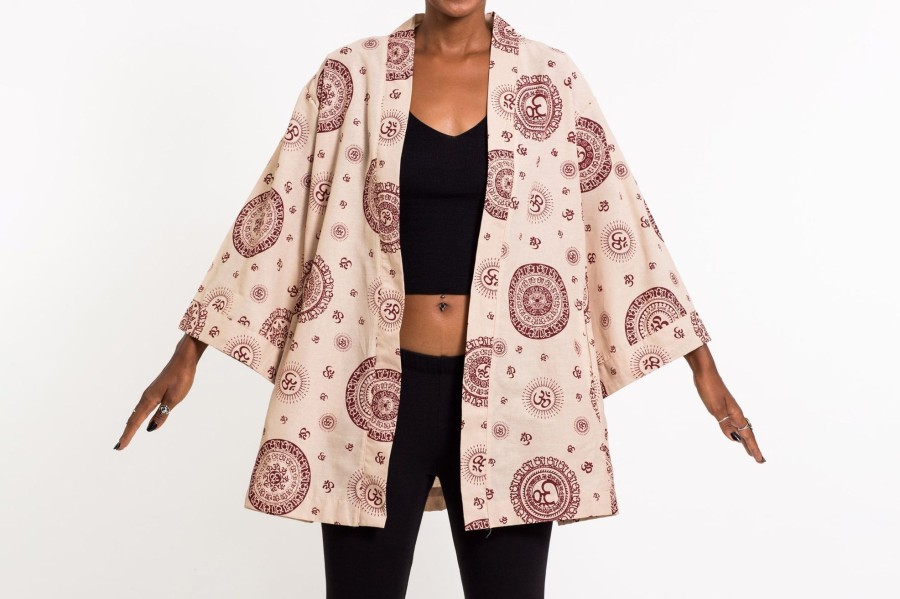 Women HaremPants | Ohm Print Cotton Kimono Cardigan In Cream