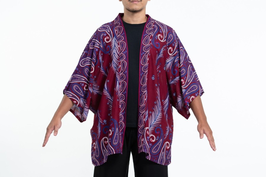 Plus Size HaremPants | Paisley Feathers Kimono Cardigan In Red