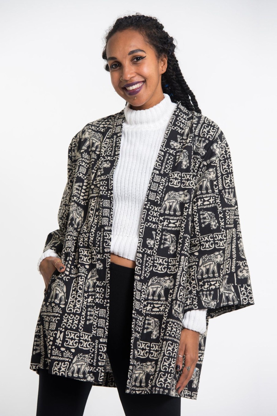 Plus Size HaremPants | Elephant Print Cotton Kimono Cardigan In Black