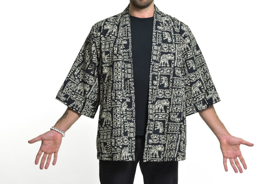 Plus Size HaremPants | Elephant Print Cotton Kimono Cardigan In Black