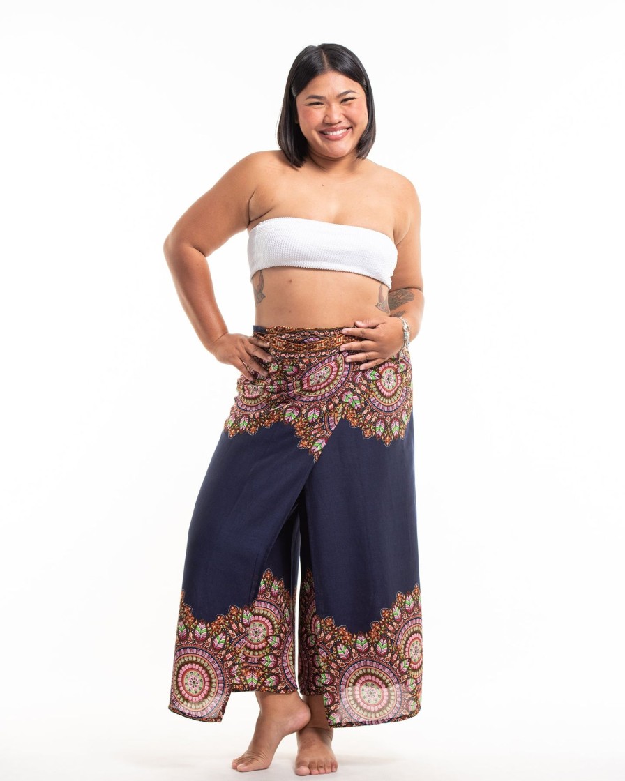 Women HaremPants | Plus Size Feather Mandalas Wrap Palazzo Style Harem Pants In Navy