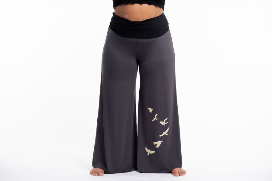 Women HaremPants | Plus Size Birds Print Wide Leg Palazzo Harem Pants Cotton Spandex In Gray