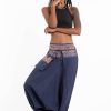 Women HaremPants | Pinstripe Cotton Low Cut Women'S Harem Pants With Hill Tribe Trim Navy