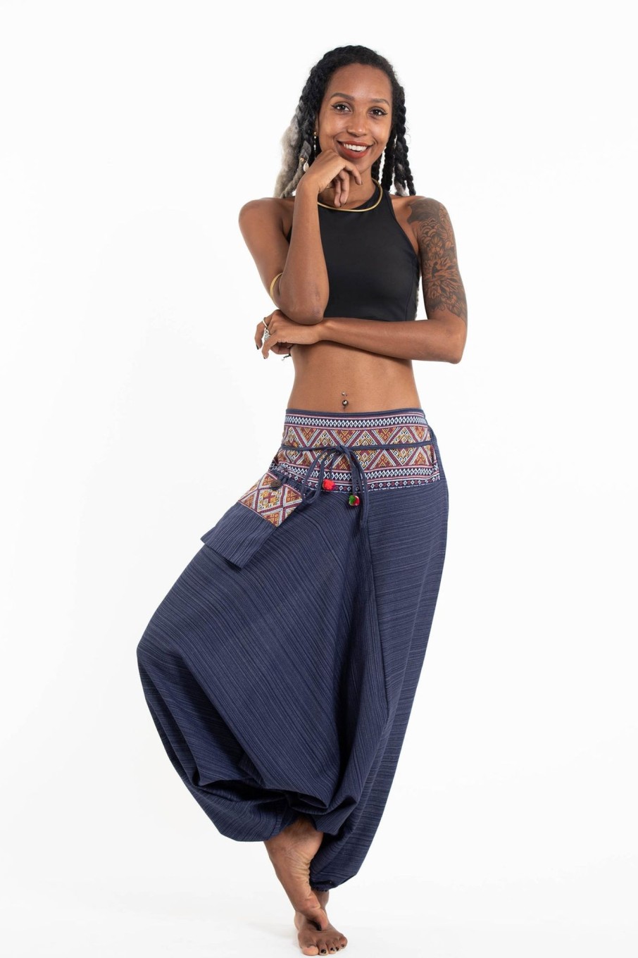 Women HaremPants | Pinstripe Cotton Low Cut Women'S Harem Pants With Hill Tribe Trim Navy