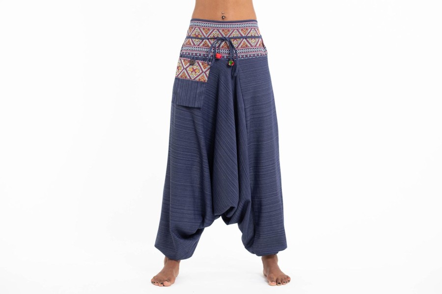 Women HaremPants | Pinstripe Cotton Low Cut Women'S Harem Pants With Hill Tribe Trim Navy