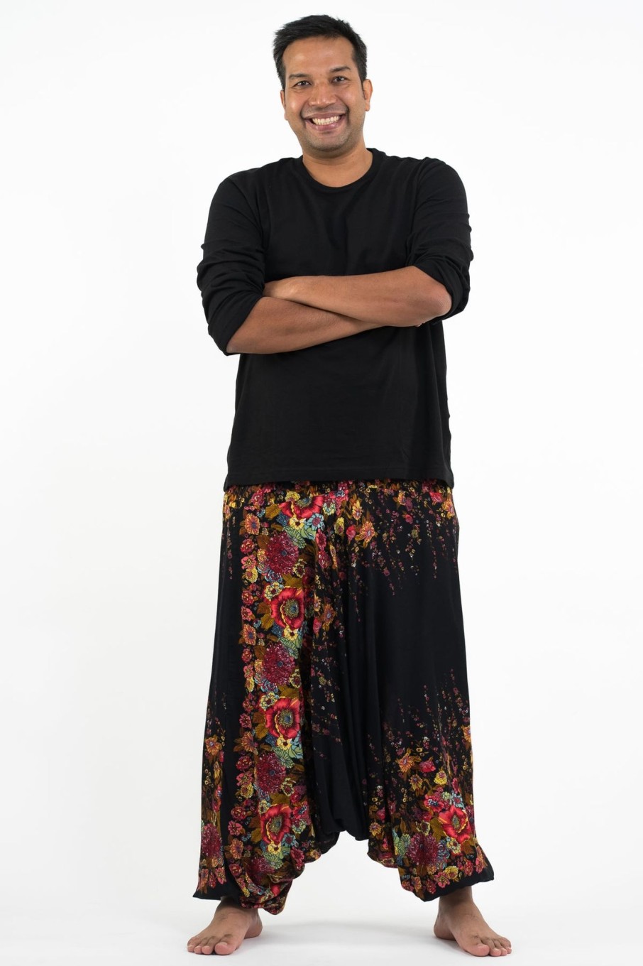 Plus Size HaremPants | Plus Size Floral Drop Crotch Men'S Harem Pants In Black