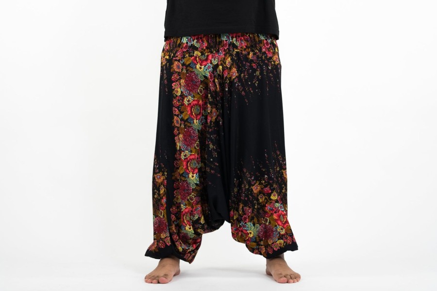 Plus Size HaremPants | Plus Size Floral Drop Crotch Men'S Harem Pants In Black