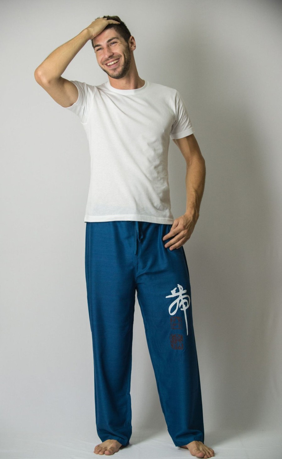 Men HaremPants | Chinese Writing Men'S Thai Yoga Pants In Blue