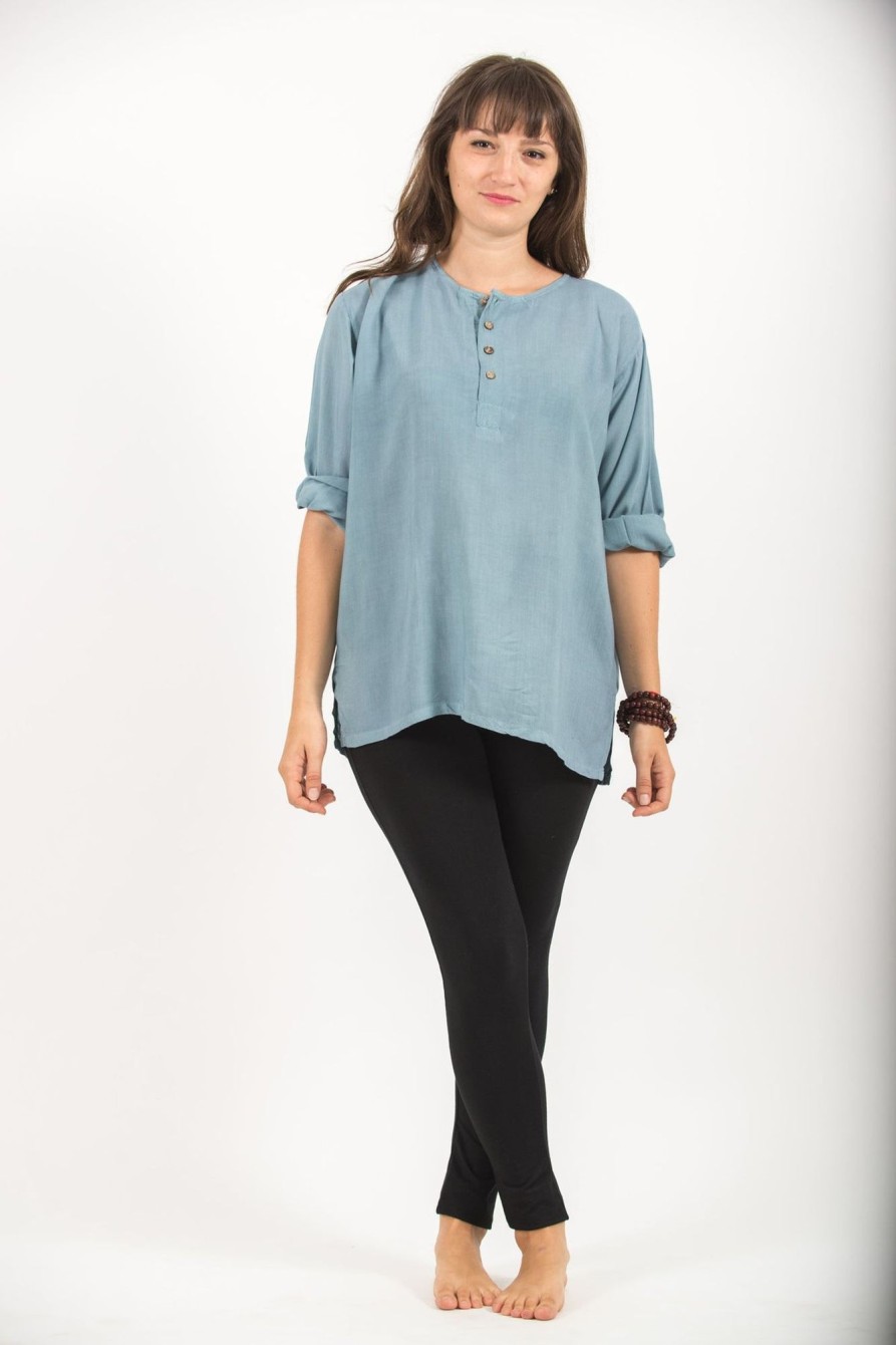 Women HaremPants | Womens Yoga Shirts No Collar With Coconut Buttons In Aqua