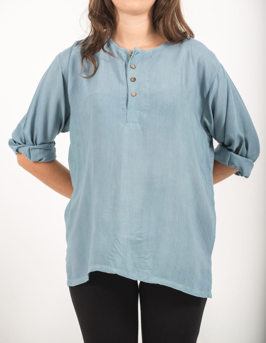 Women HaremPants | Womens Yoga Shirts No Collar With Coconut Buttons In Aqua