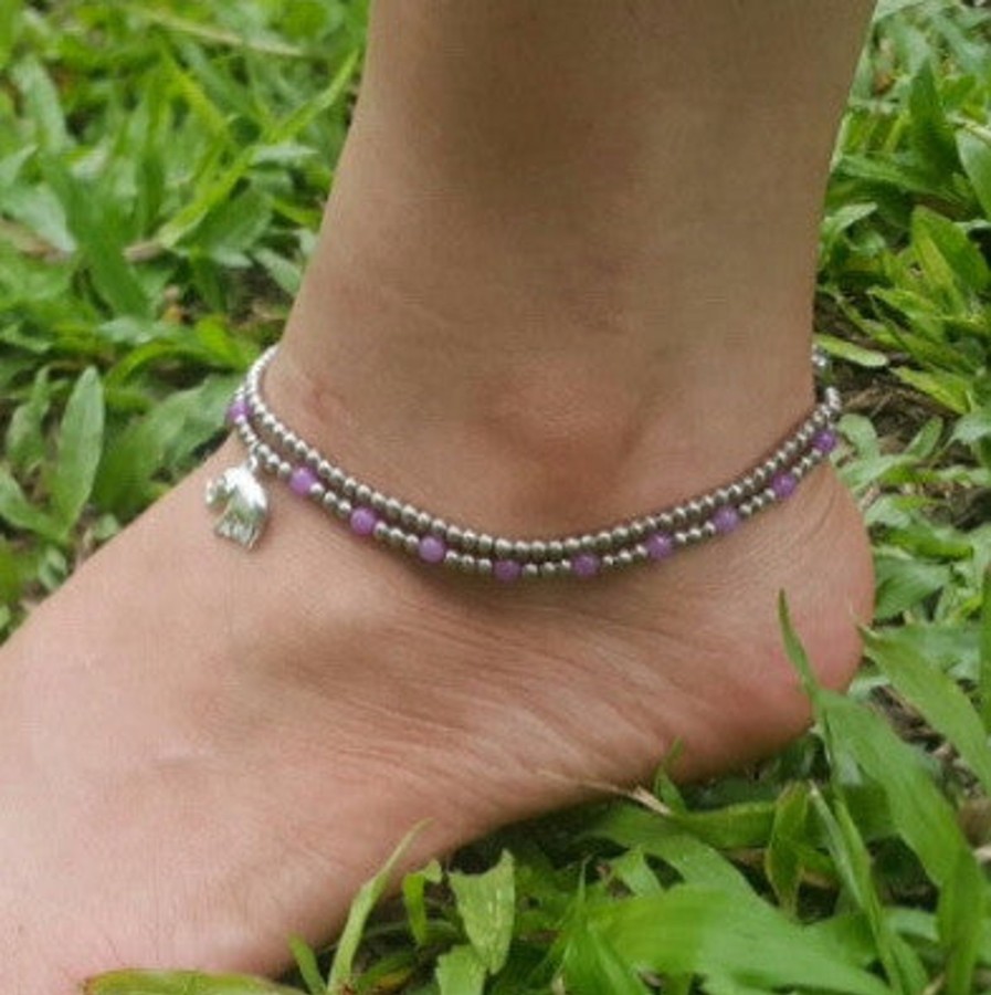 Accessories HaremPants | Hand Made Fair Trade Anklet Double Strand Silver Beads Elephant Purple