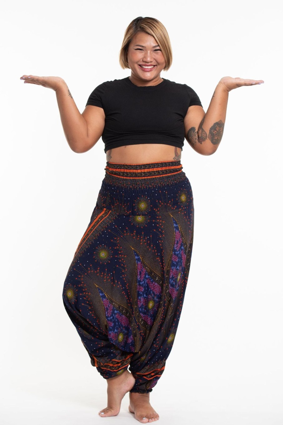 Plus Size HaremPants | Plus Size Peacock Eyes 2-In-1 Jumpsuit Harem Pants In Navy