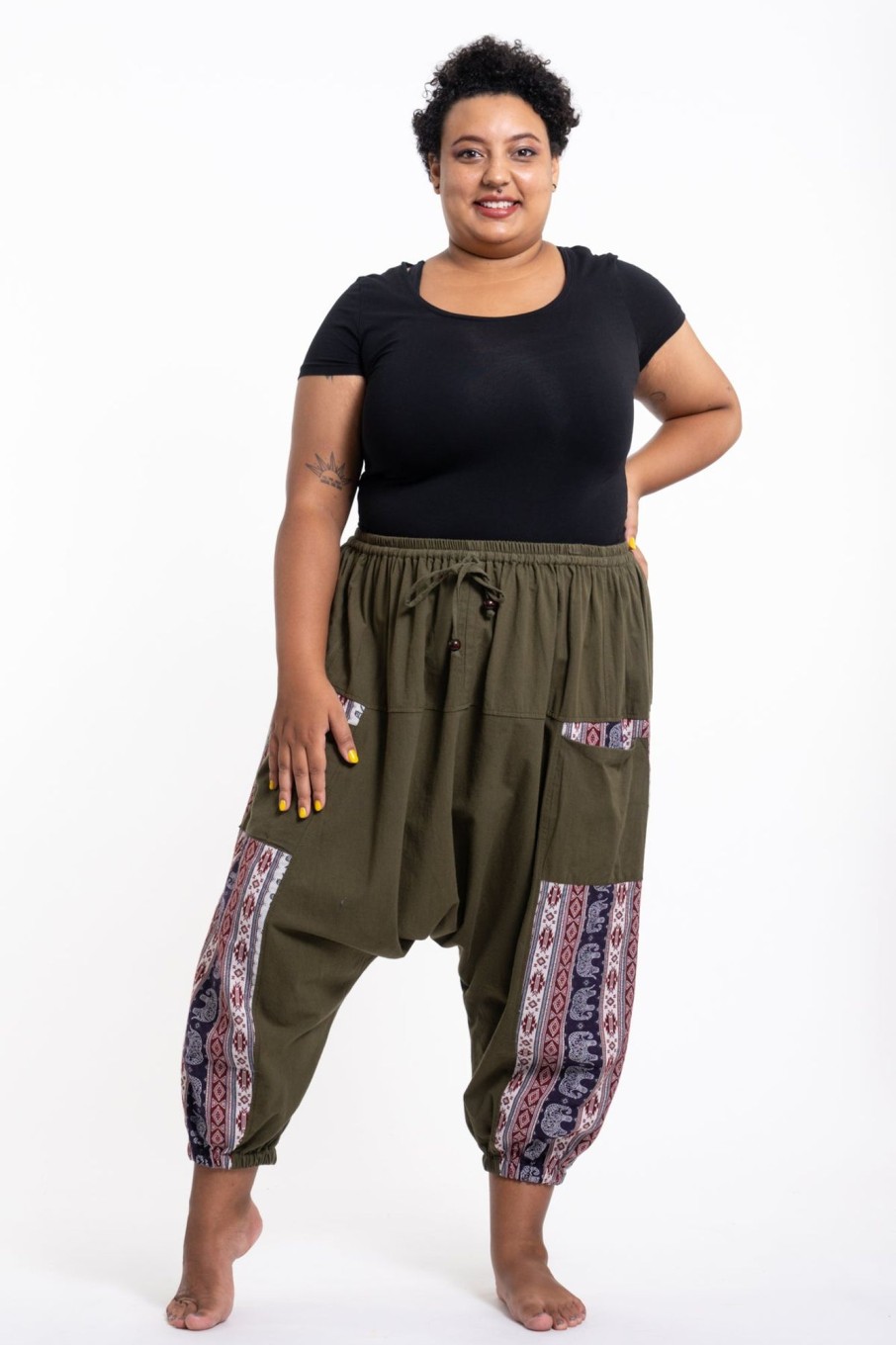 Plus Size HaremPants | Plus Size Elephant Aztec Cotton Women'S Harem Pants In Green