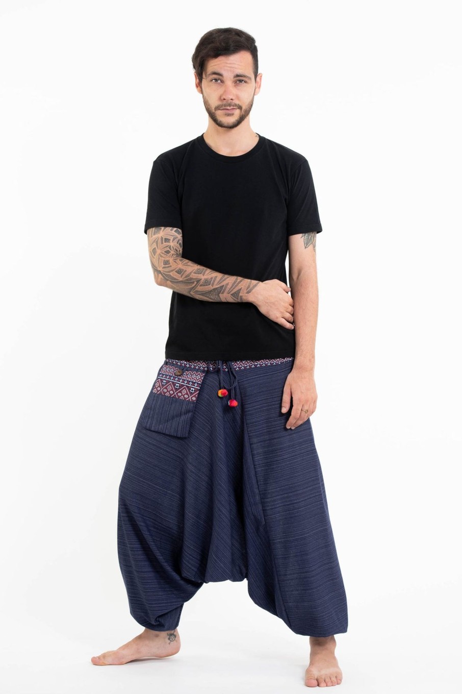 Men HaremPants | Pinstripe Cotton Low Cut Men'S Harem Pants With Hill Tribe Trim Navy