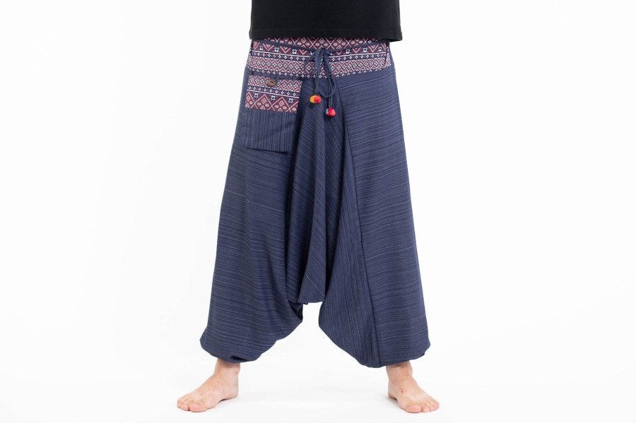 Men HaremPants | Pinstripe Cotton Low Cut Men'S Harem Pants With Hill Tribe Trim Navy