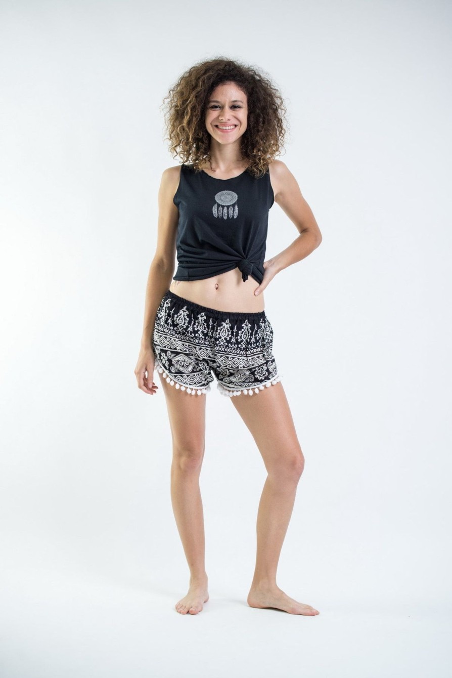 Women HaremPants | Tribal Prints Pom Pom Shorts In Black/White