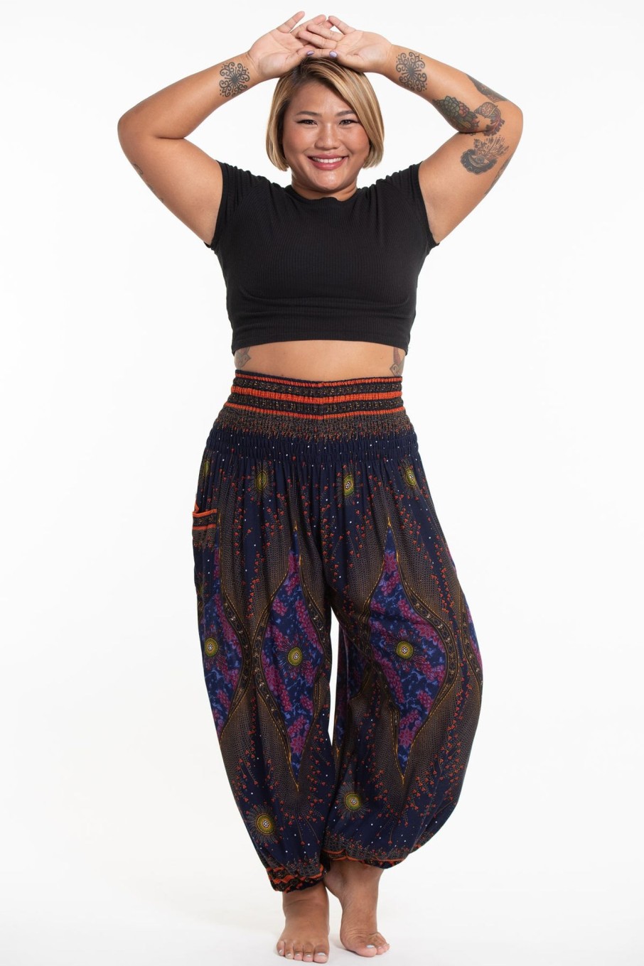 Plus Size HaremPants | Plus Size Peacock Eye Women'S Harem Pants In Navy