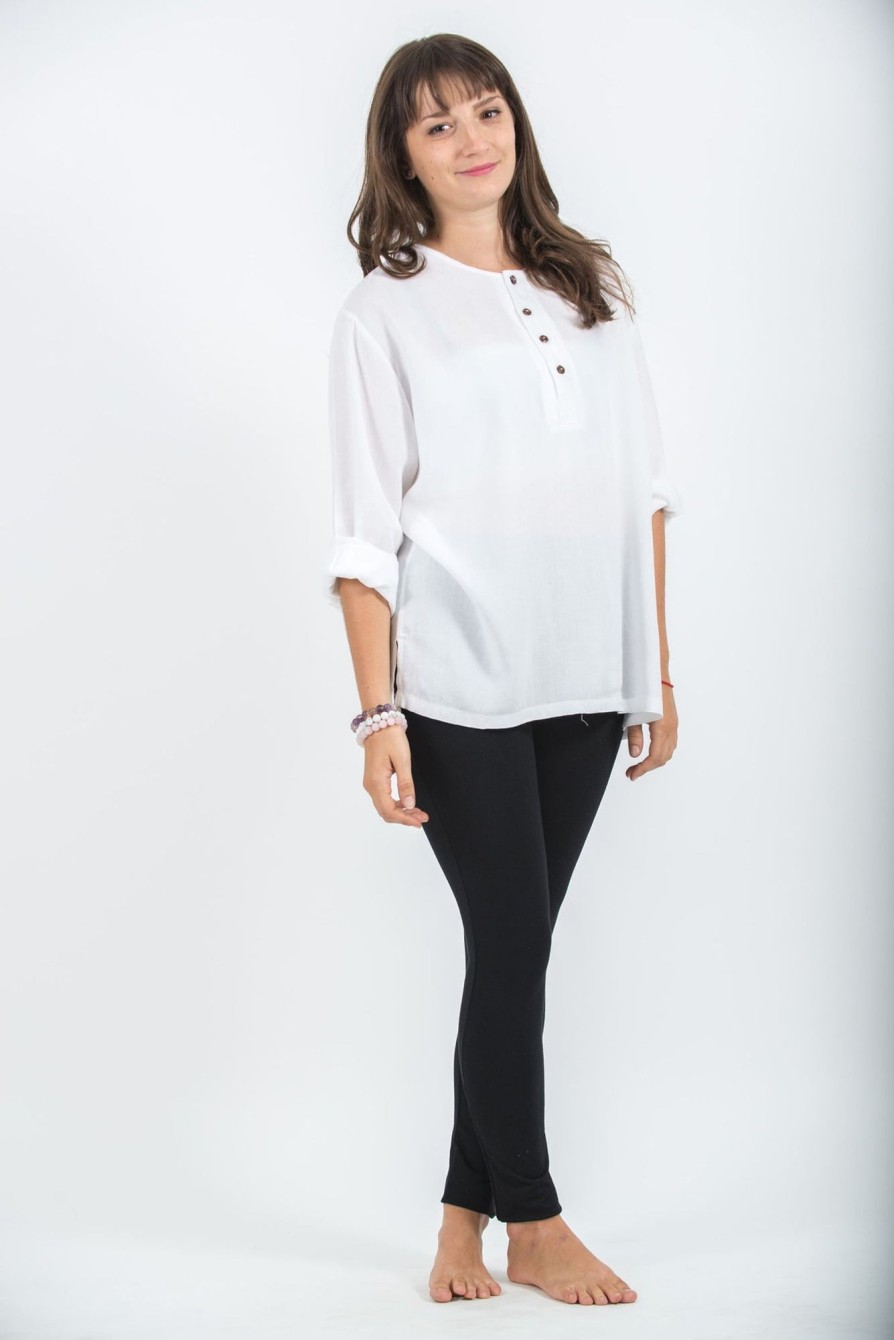 Women HaremPants | Womens Yoga Shirts No Collar With Coconut Buttons In White