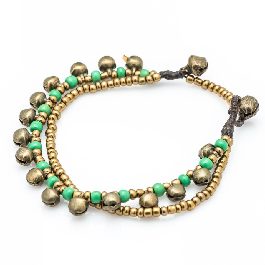 Accessories HaremPants | Brass Bell And Bead Double Strand Bracelets Green