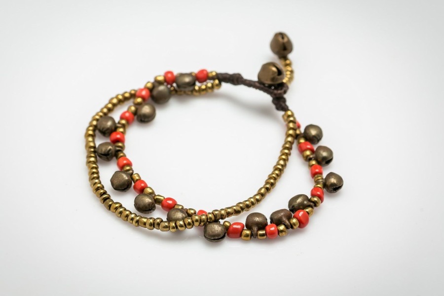 Accessories HaremPants | Brass Bell And Bead Double Strand Bracelets Red