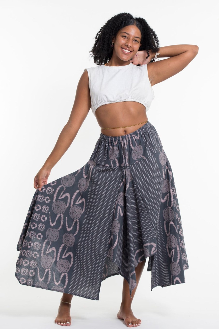 Women HaremPants | Daisy Dot Prints Cotton Handkerchief Midi Skirt In Gray